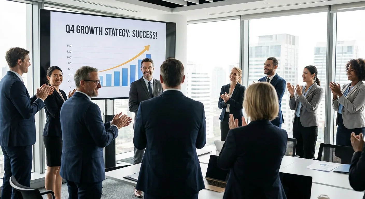 A group of business professionals applauding during a company presentation.