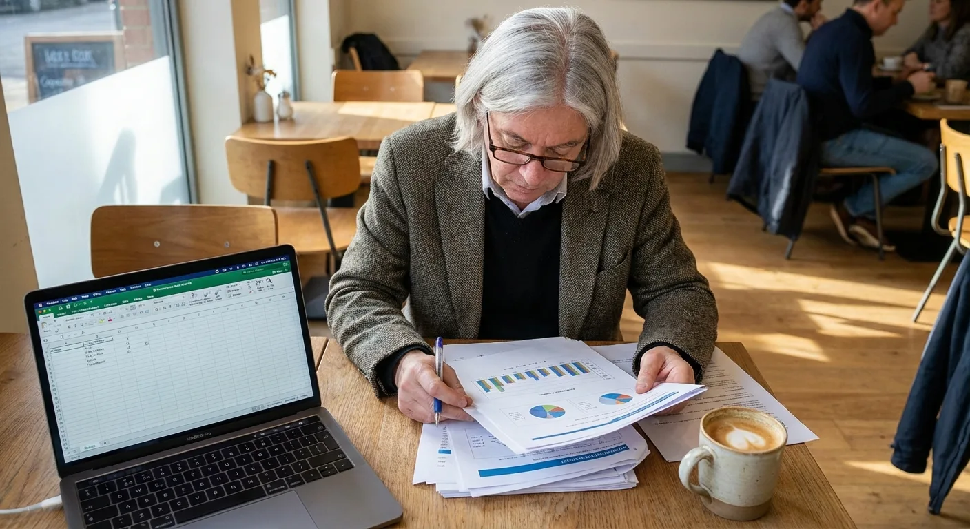 An individual reviewing business documents with a laptop and a cup of coffee.