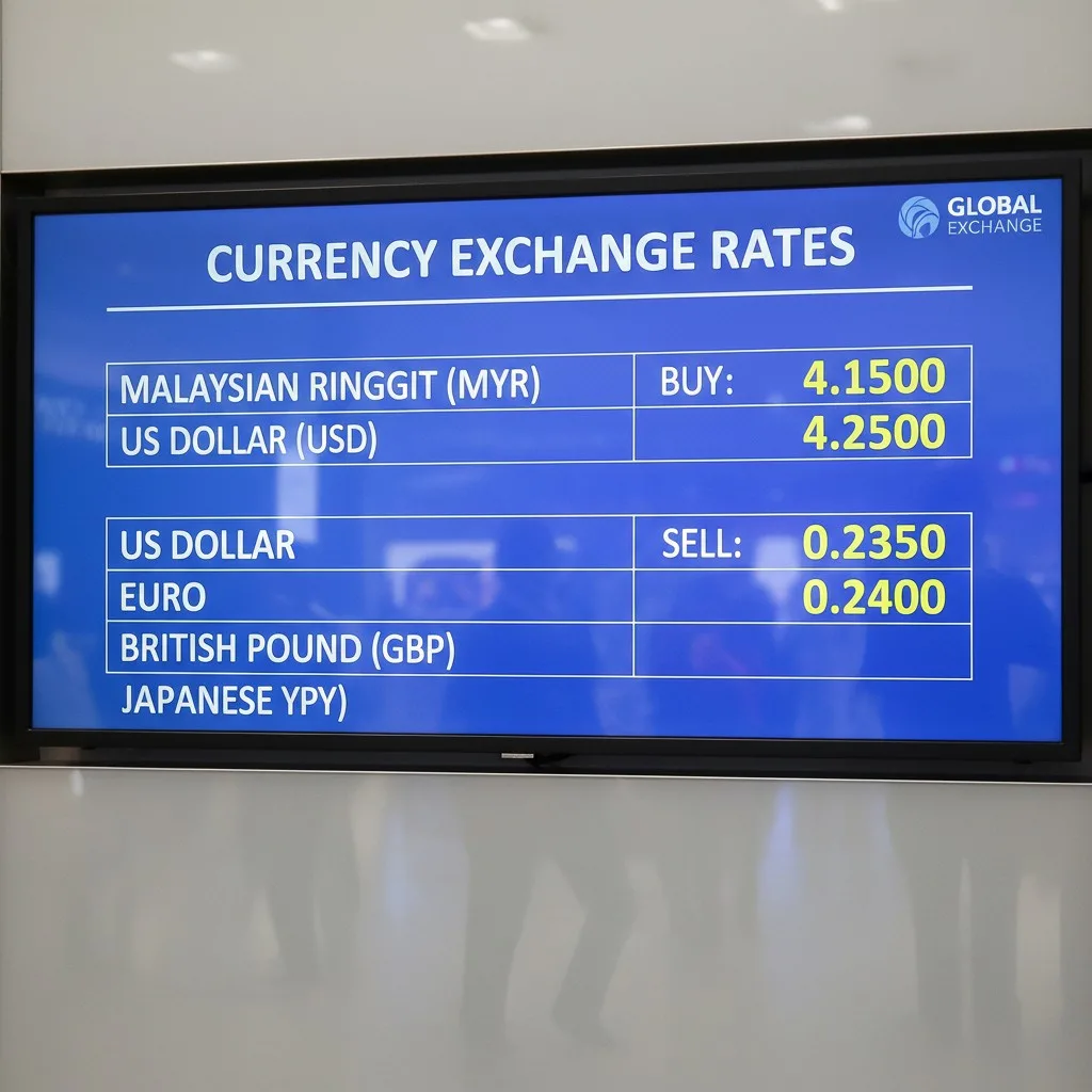 Currency exchange rates displayed on a digital screen, showing the Malaysian Ringgit and US Dollar.