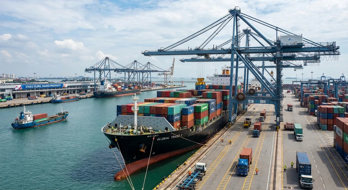 A cargo ship being loaded at a busy port, representing stable trade flows.