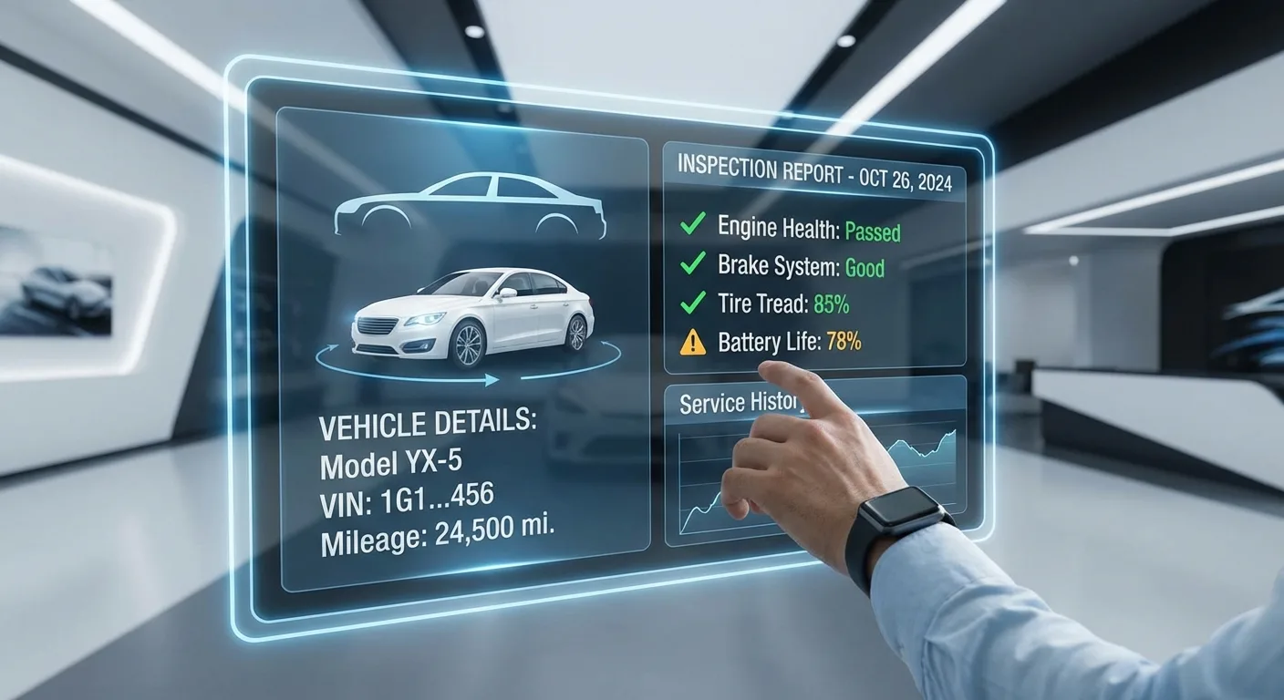 A digital interface showing car details and inspection reports.