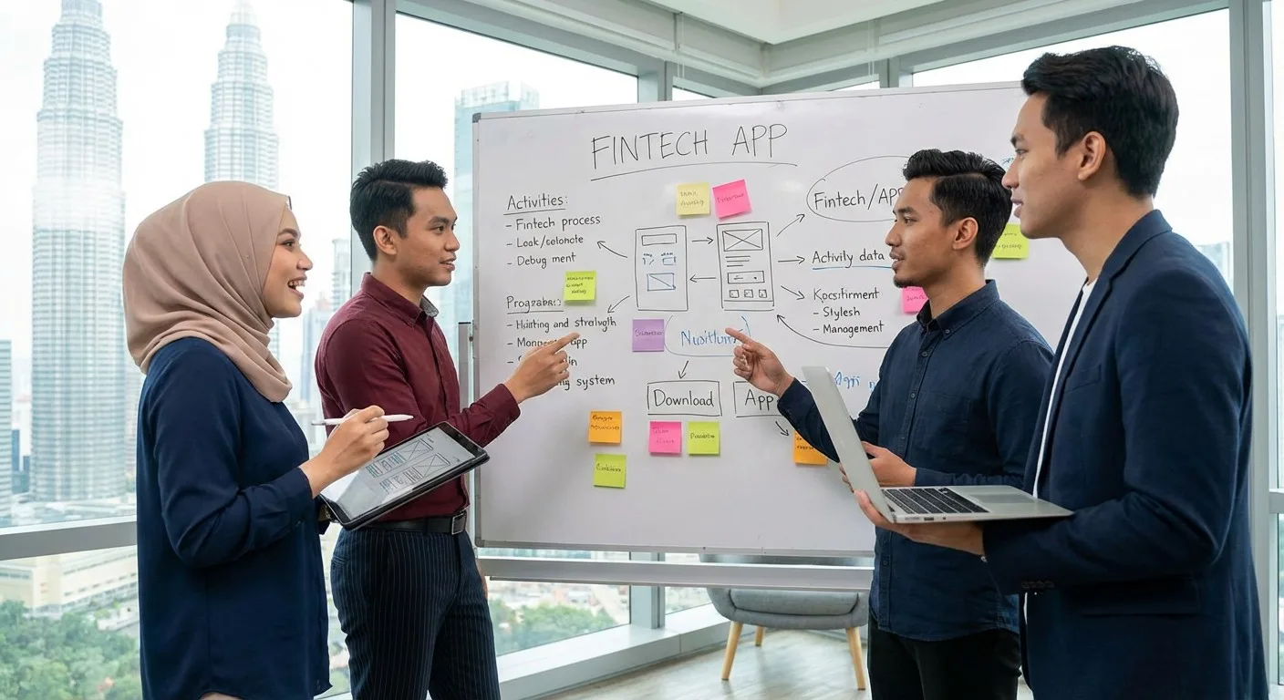 A group of young Malaysian entrepreneurs brainstorming fintech app ideas.