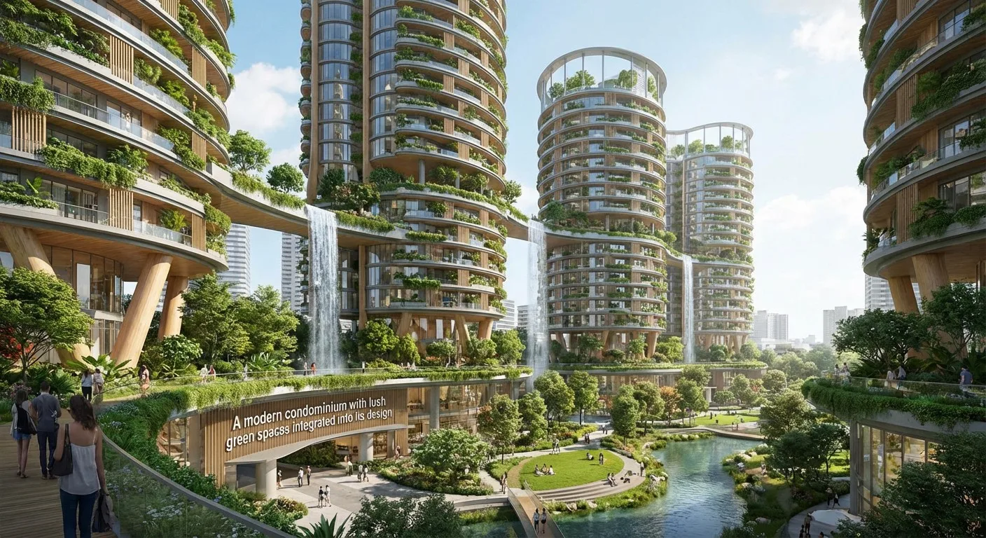 A modern condominium with lush green spaces integrated into its design.