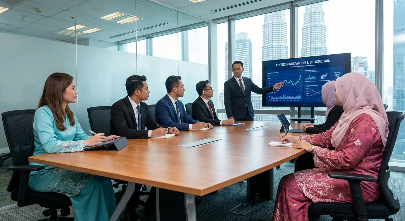 A group of Malaysian business professionals in a meeting discussing new financial technologies.