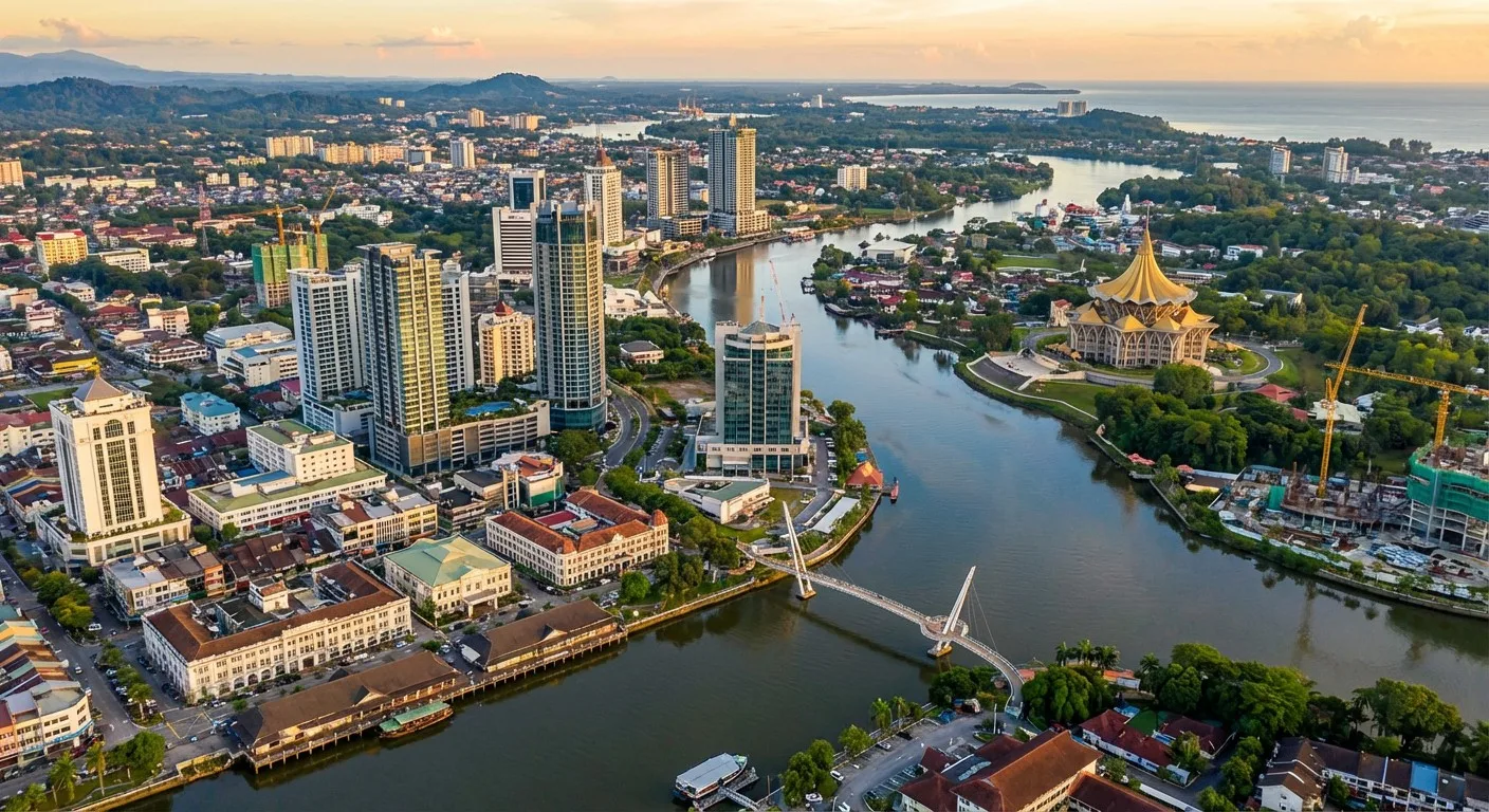 An aerial view of Kuching's growing skyline, showcasing modern high-rise buildings.