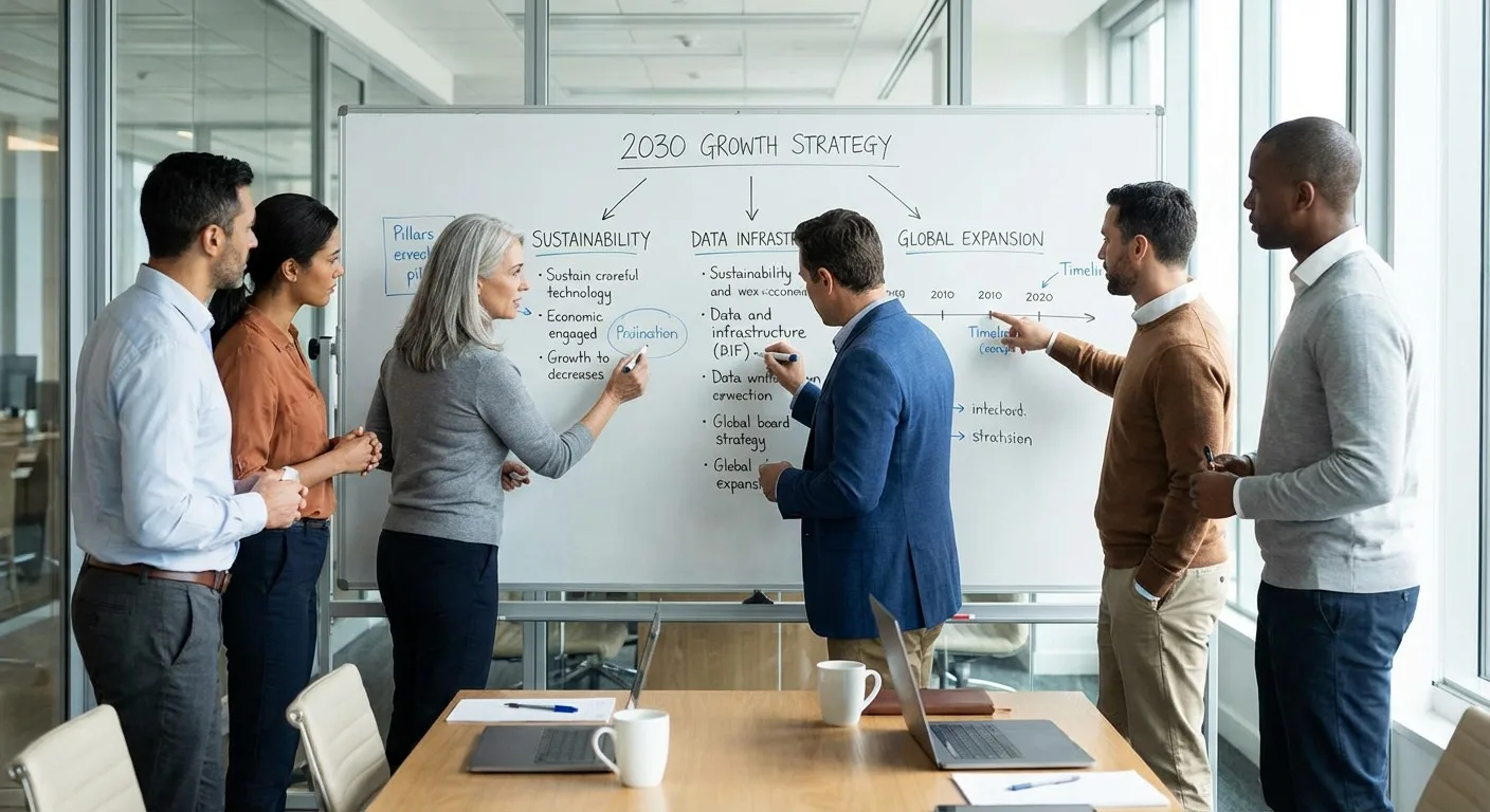 Business leaders planning long-term strategies on a whiteboard.