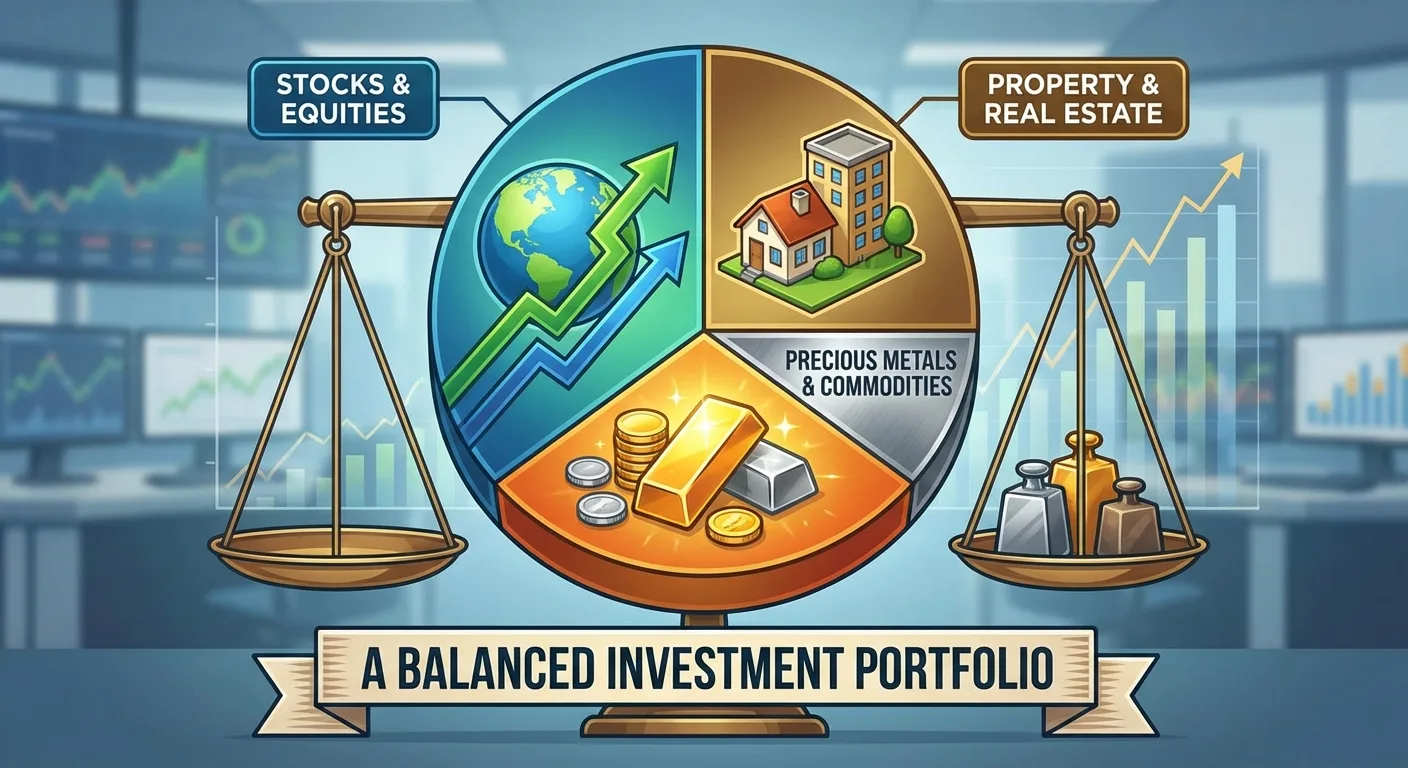 A balanced investment portfolio illustration with segments for stocks, property, and precious metals.
