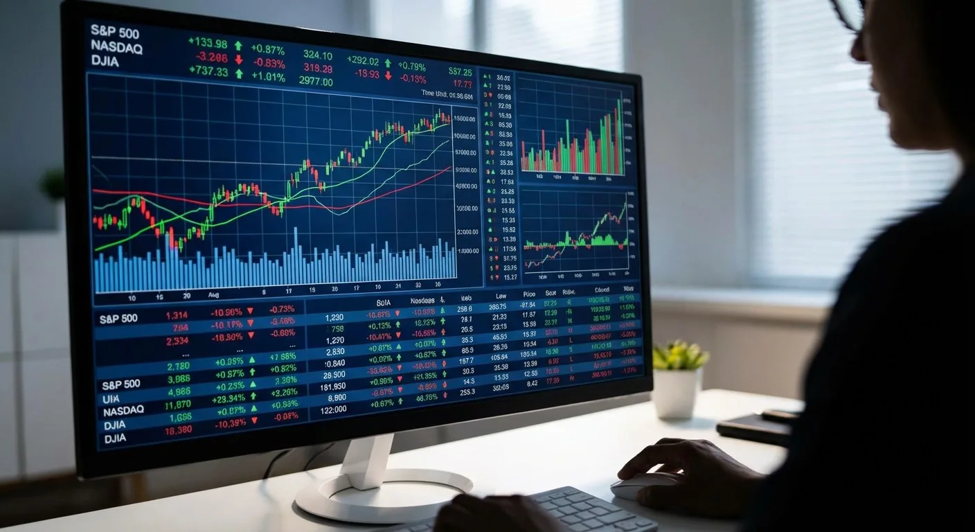 Graphs on a screen showing stock market performance.