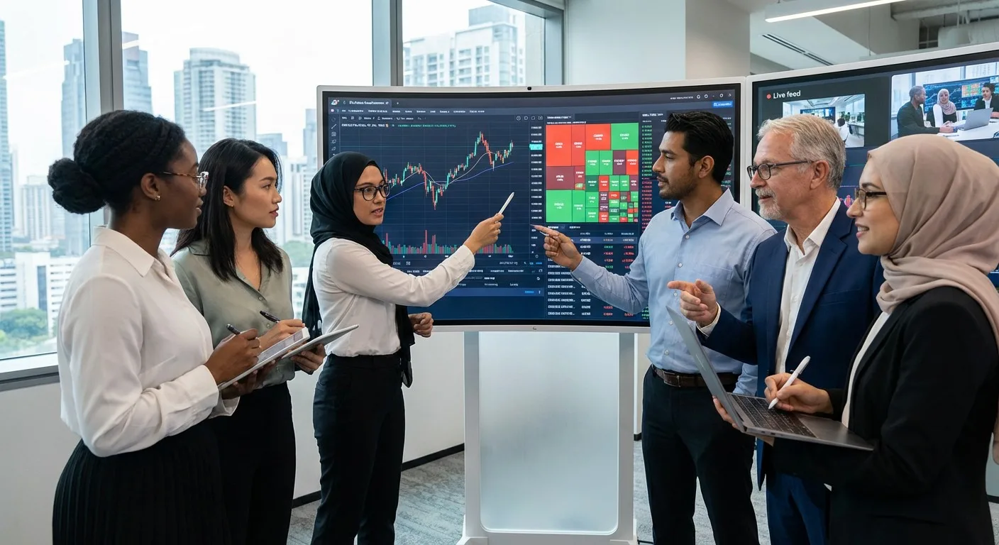 A diverse group of professionals analysing market data on a screen.
