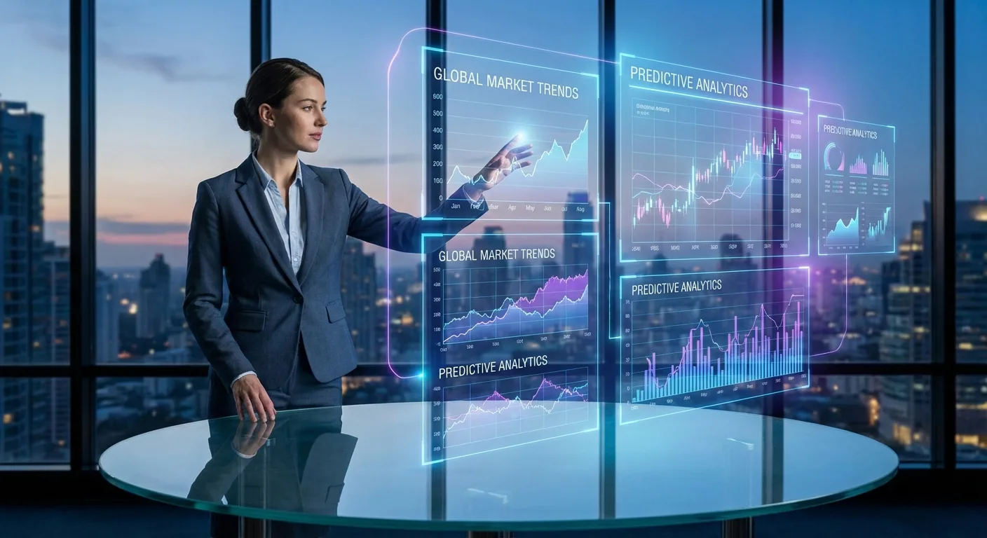 A business professional analysing data on a futuristic digital interface.
