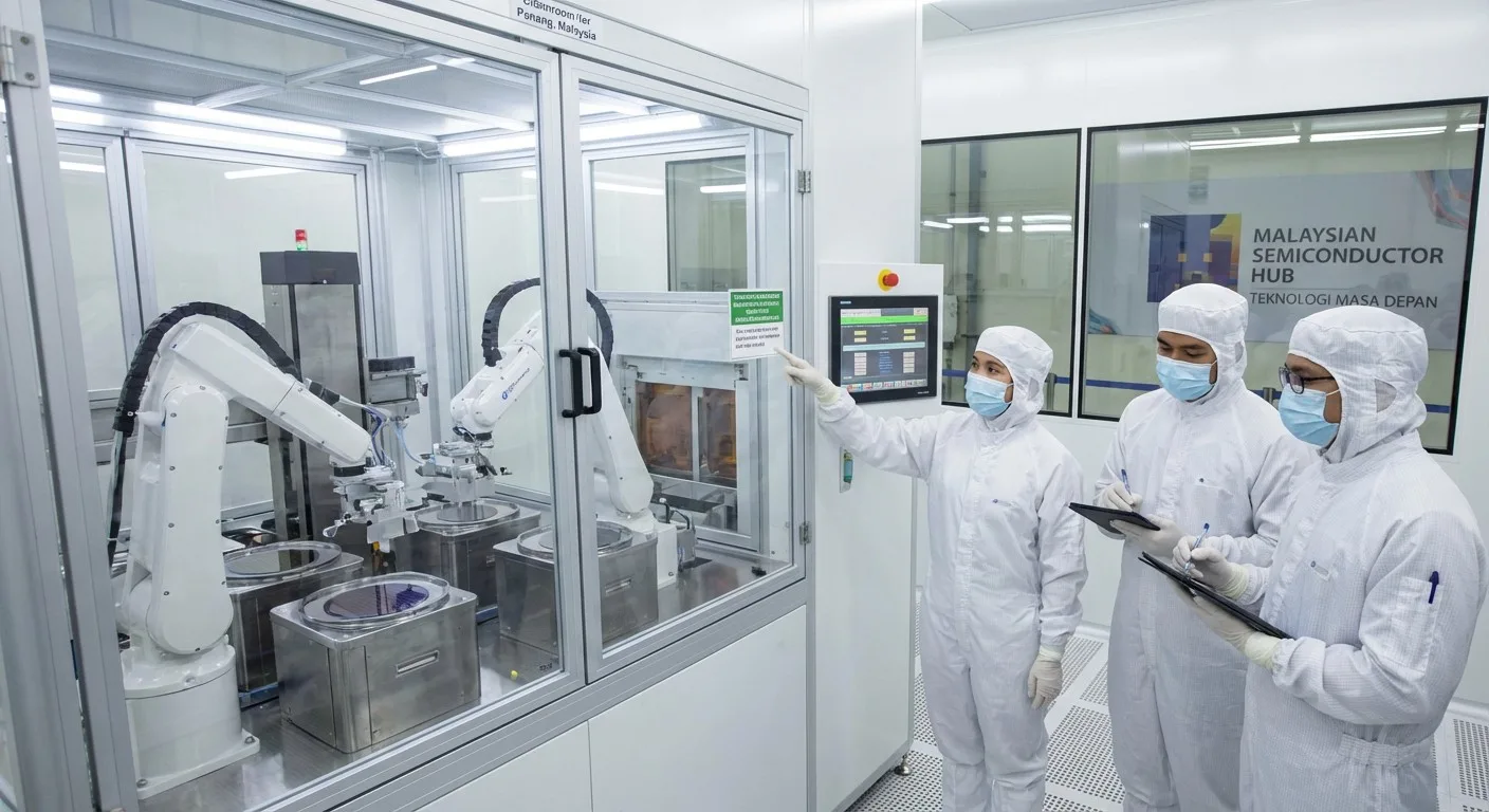 Engineers working in a modern Malaysian semiconductor facility.