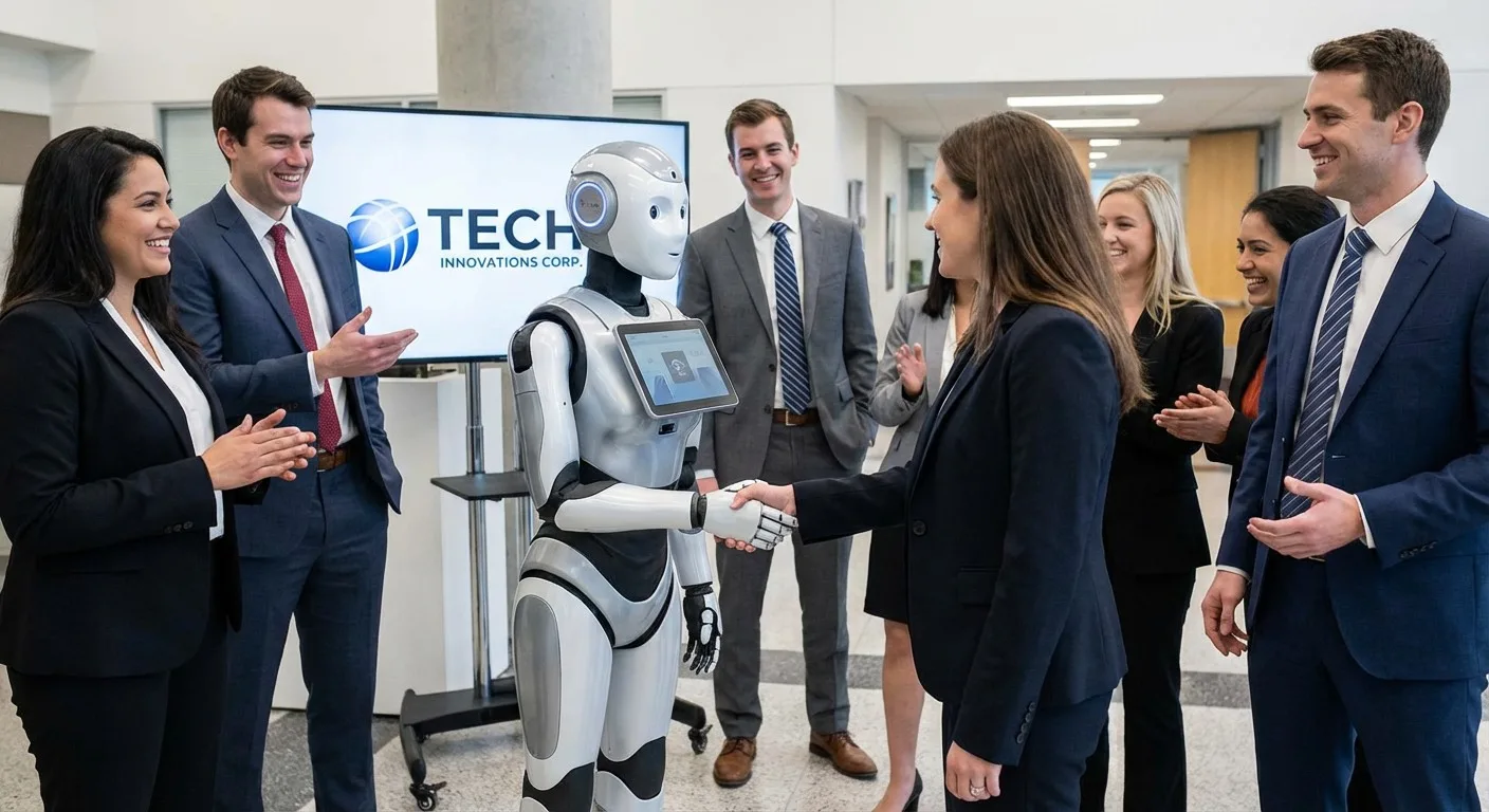 A humanoid robot interacting with people in a professional setting.