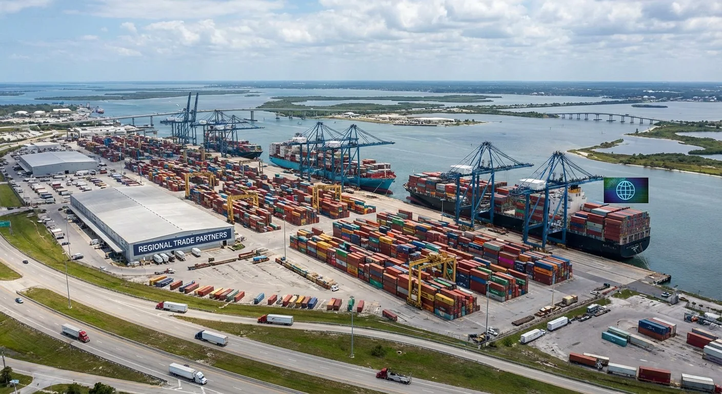 A logistics hub with cargo ships and containers, symbolising regional trade.