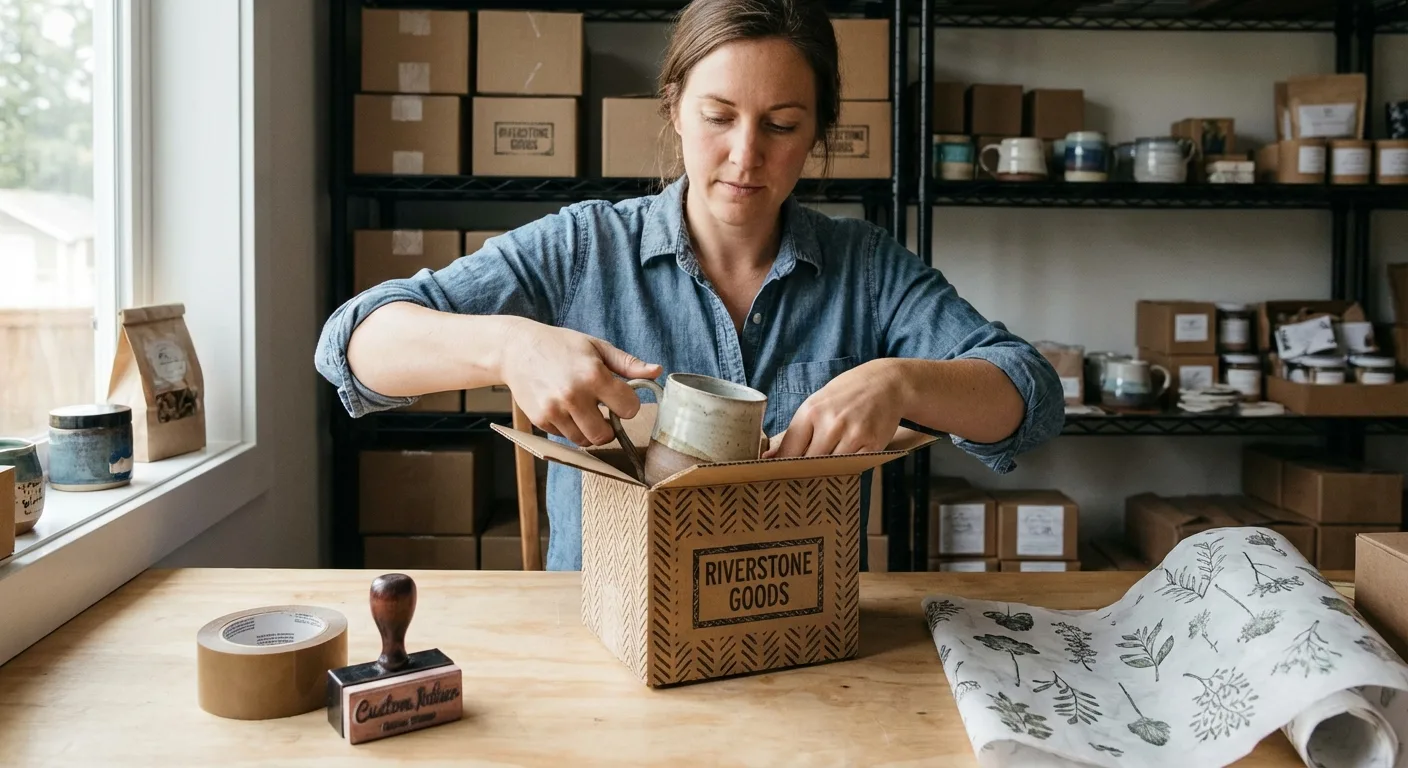A small business owner carefully packing products with custom, self-designed packaging.