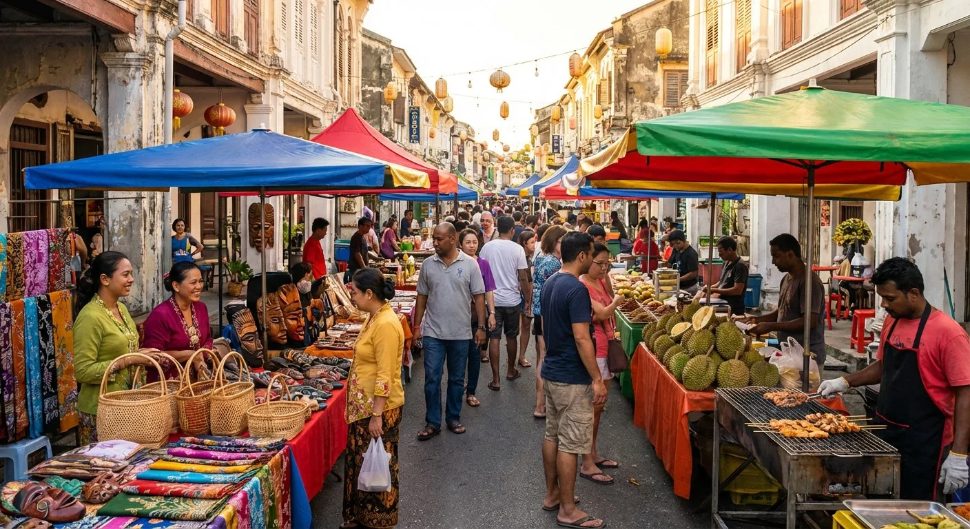 A vibrant street market in Malaysia, showcasing local culture and crafts.