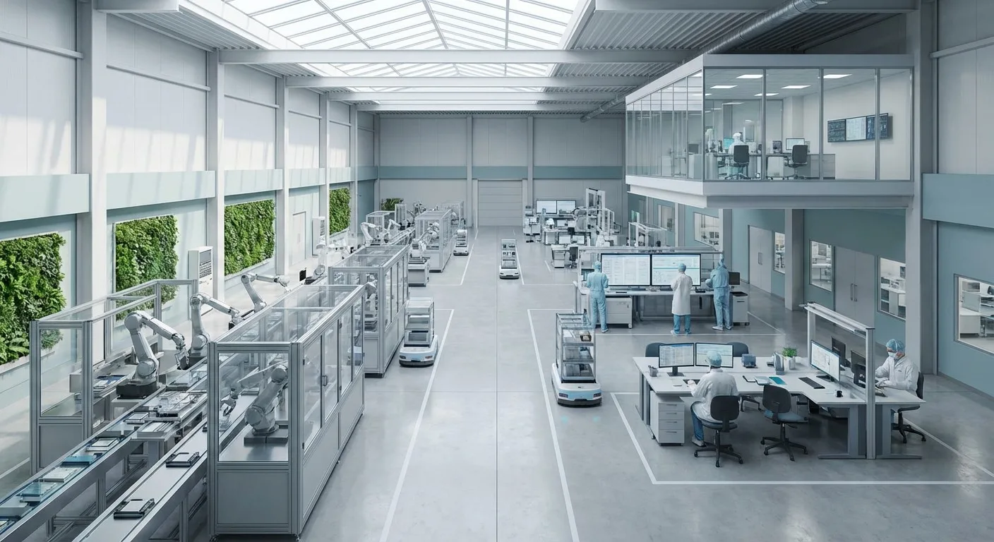 An overview of a modern and clean manufacturing facility.