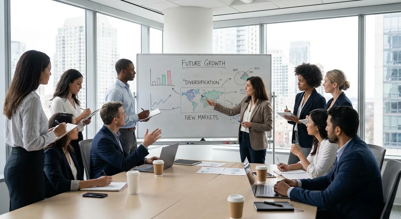 A business team strategising for future growth and market diversification.