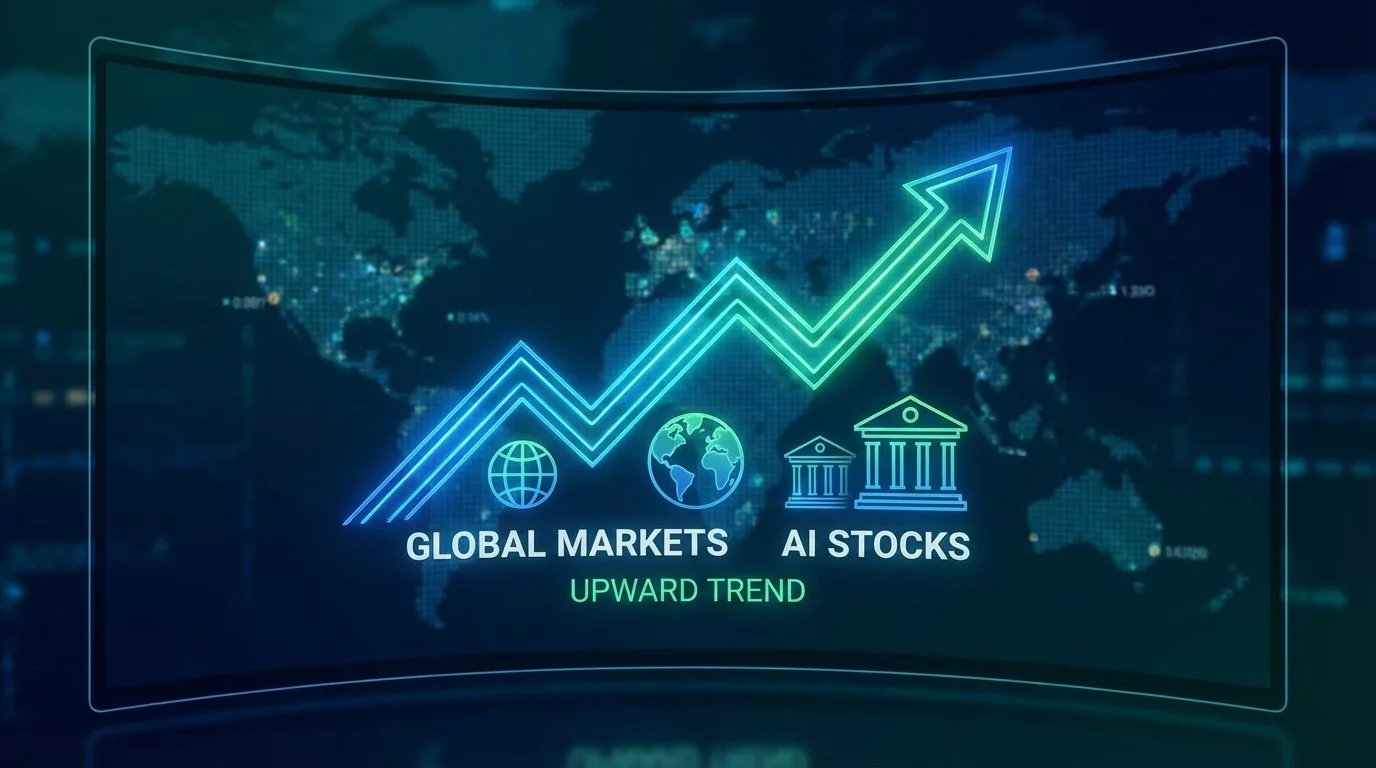Graphic showing the upward trend of AI-related stocks in global markets.