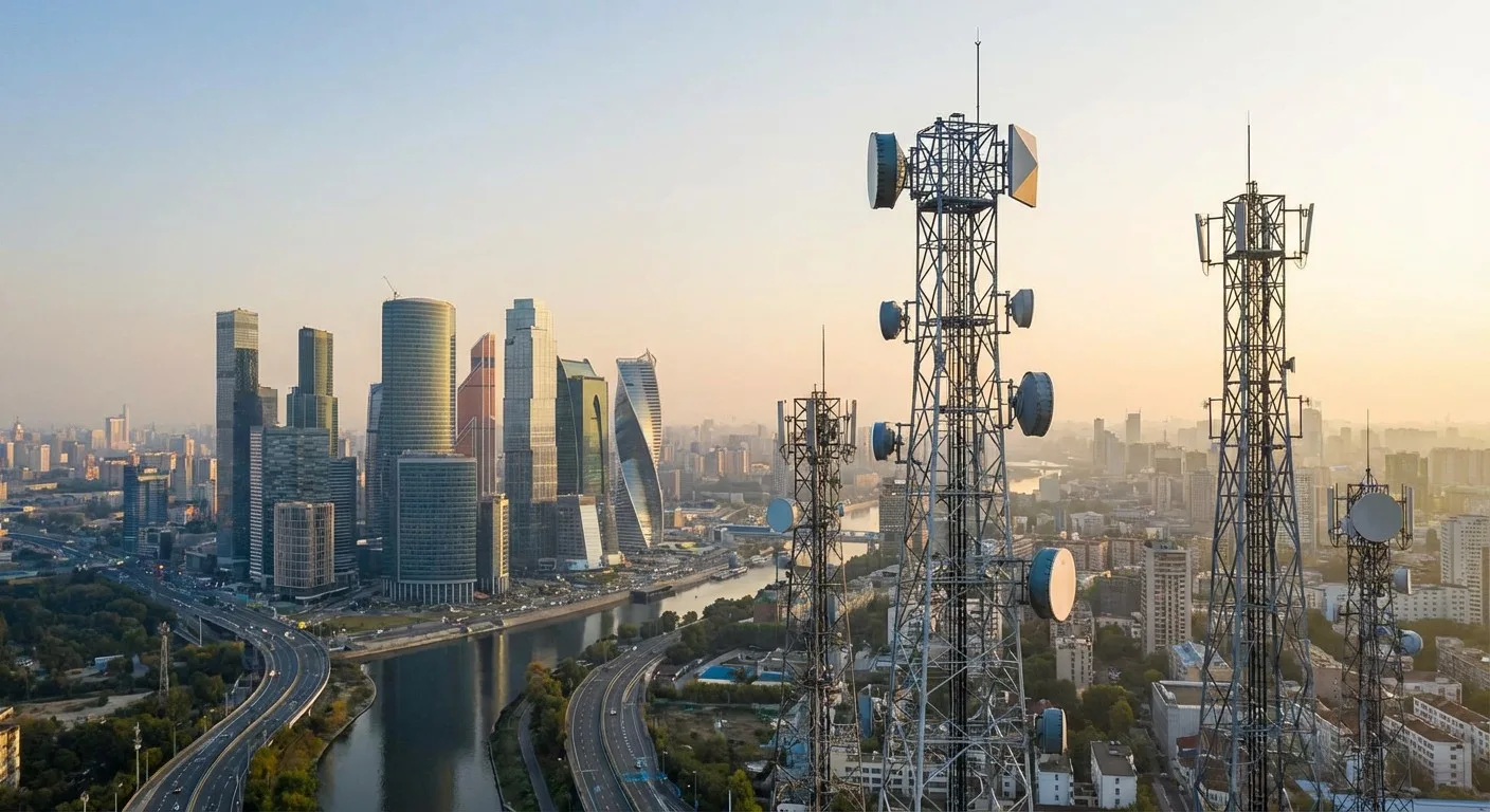 Modern telecommunication towers against a city skyline.