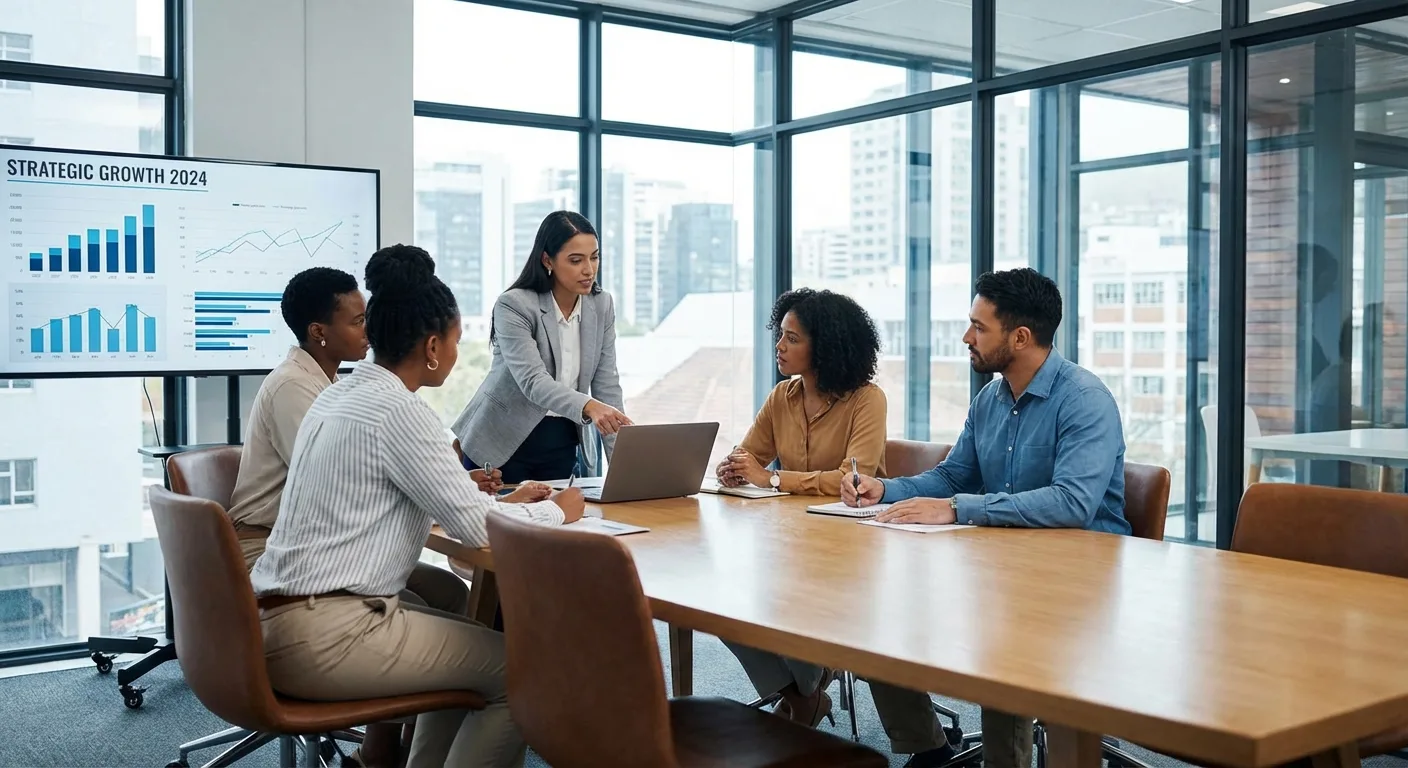 A group of professionals engaged in a strategic business meeting.