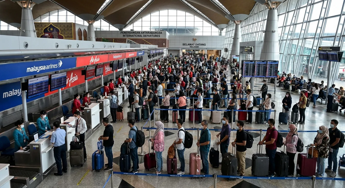 Passengers checking in at a bustling Malaysian airport.