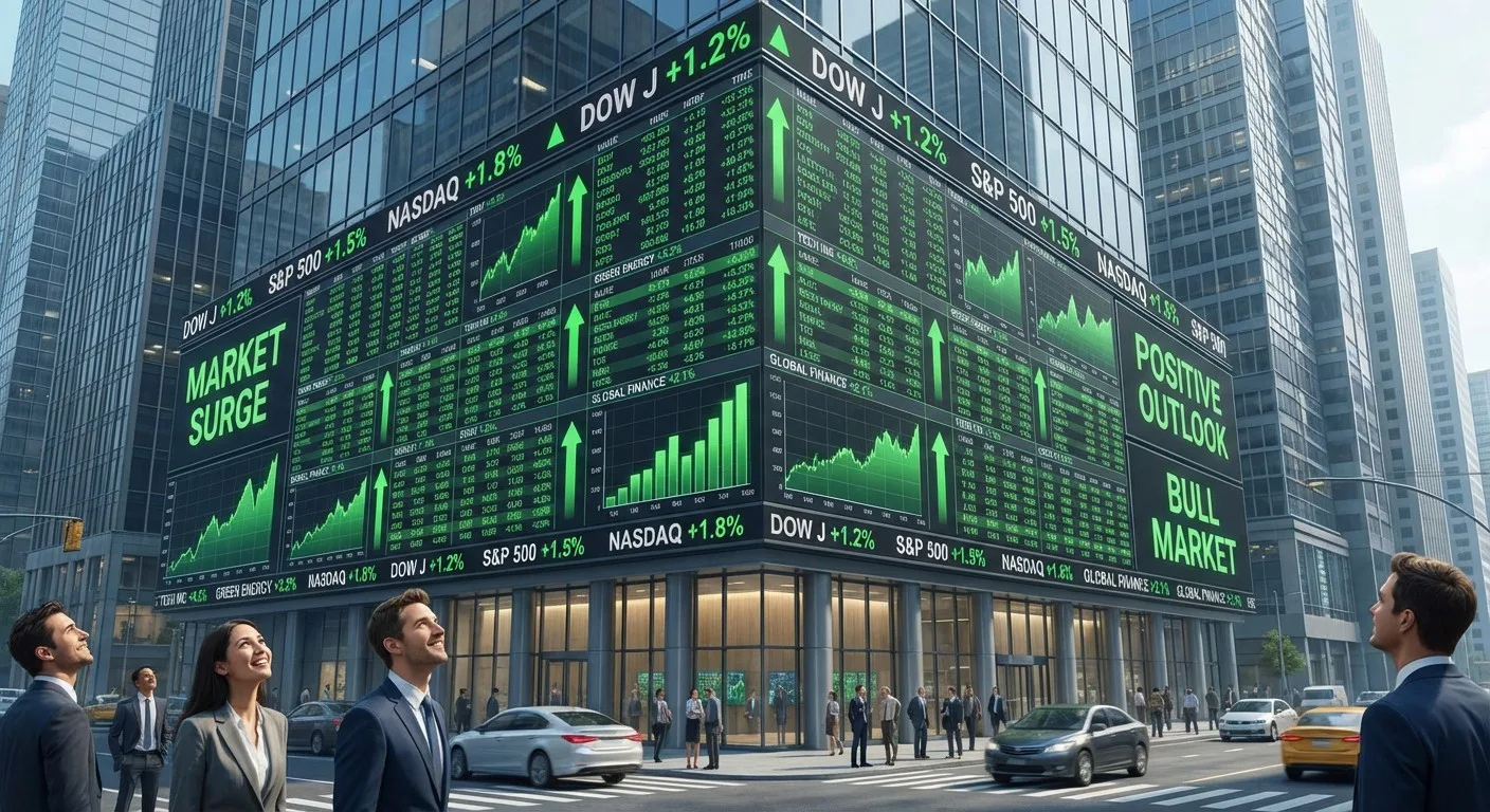 An electronic stock market board showing positive trends.