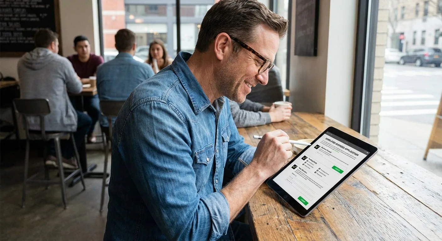 An entrepreneur reviewing a simplified business application form on a tablet.