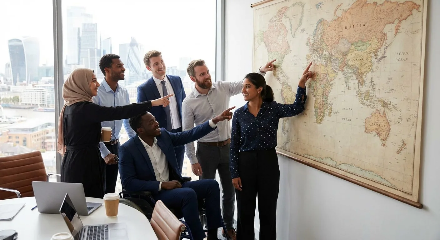 A diverse group of professionals in a meeting, pointing at a global map.