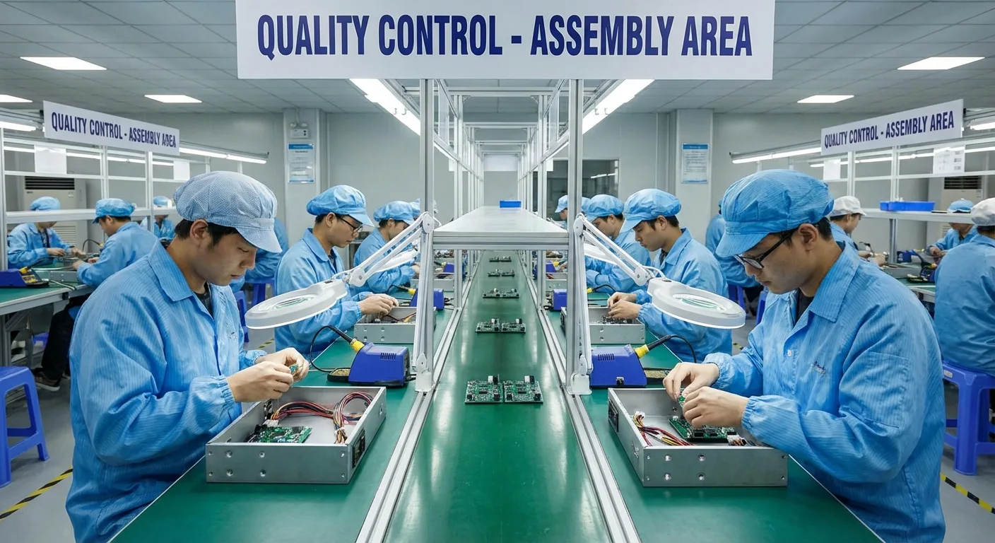 Factory workers assembling electronic components.
