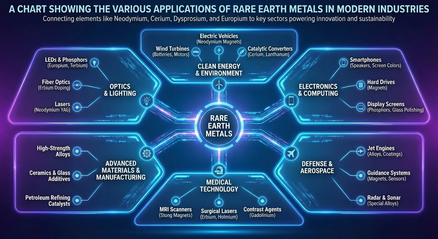 A chart showing the various applications of rare earth metals in modern industries.