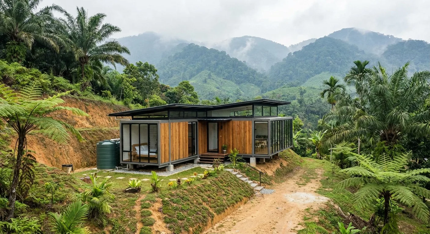 A modern modular home blending seamlessly into the Malaysian landscape.