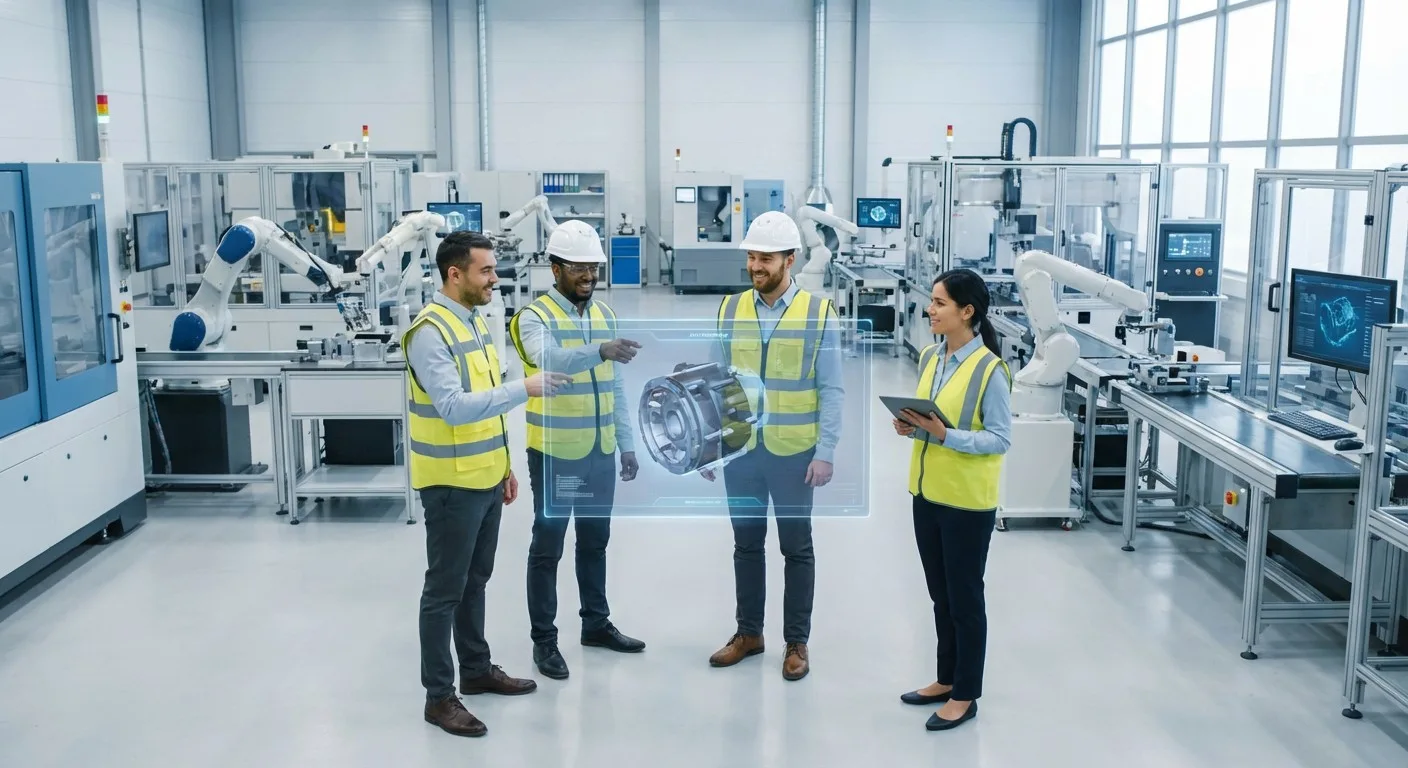 Engineers collaborating in a high-tech manufacturing facility.
