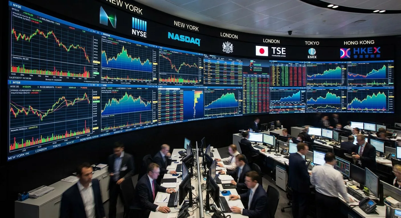 Global stock market data displayed on multiple screens.