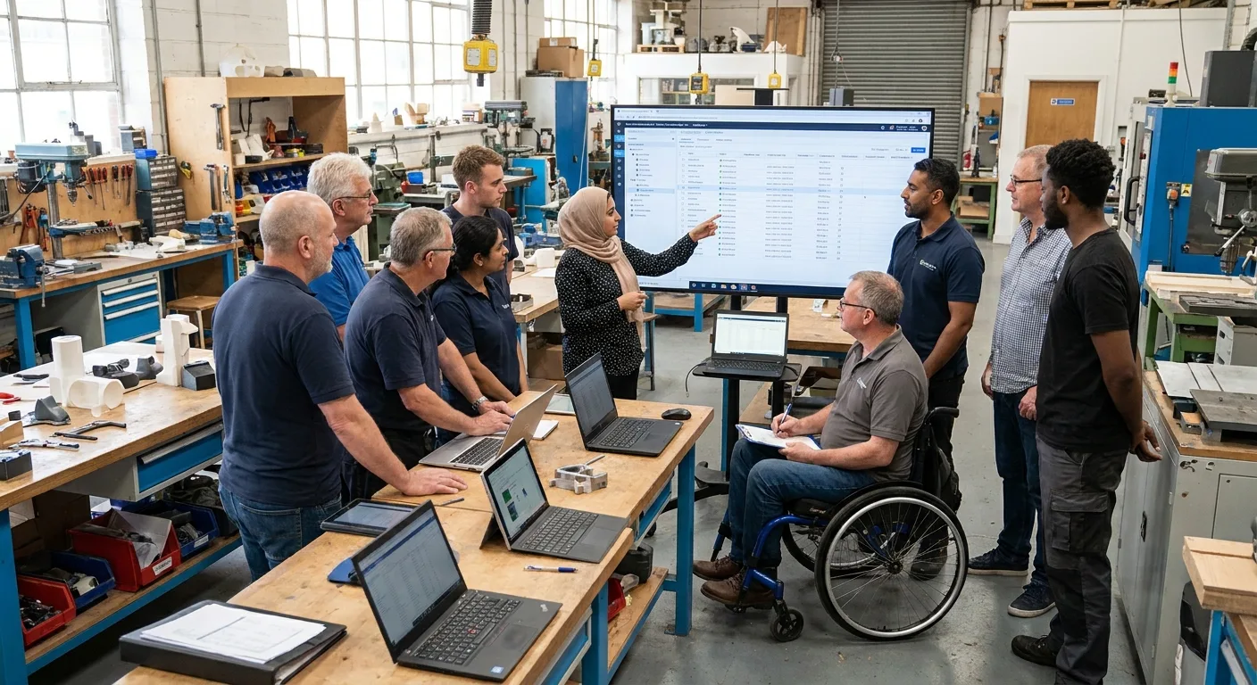 A diverse group of employees in a workshop learning about new software.