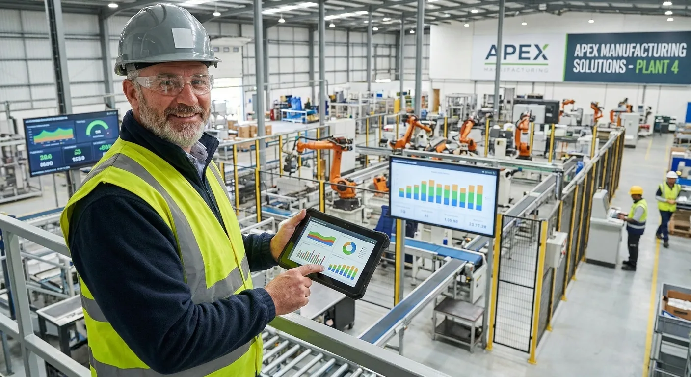 A factory manager reviewing data on a tablet in a modern manufacturing plant.