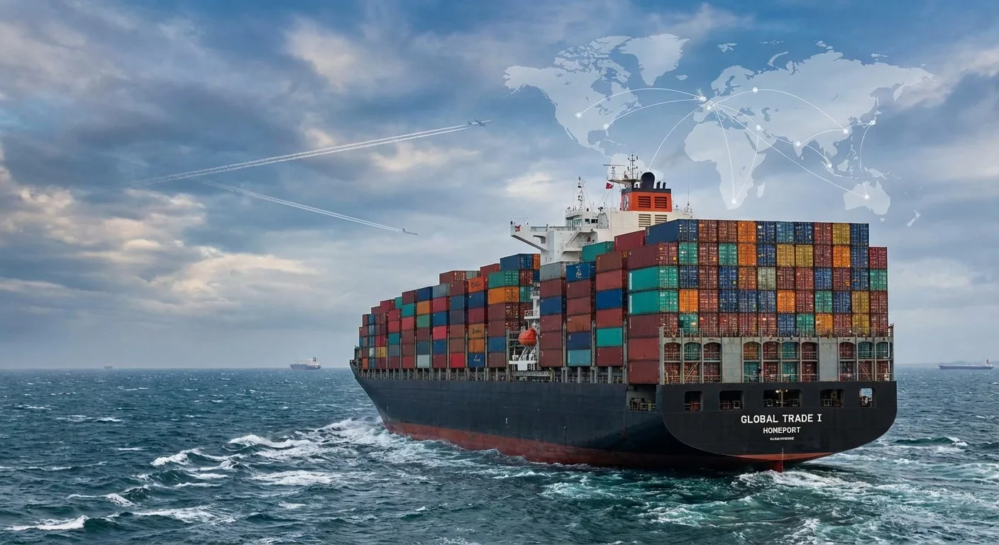 A large container ship sailing on the open sea, representing global trade routes.