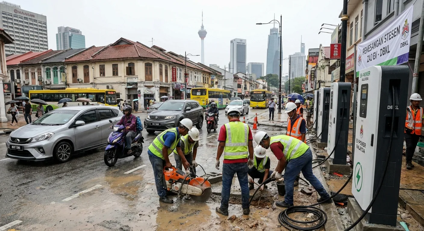 Electric vehicle charging points being installed in a Malaysian city centre.