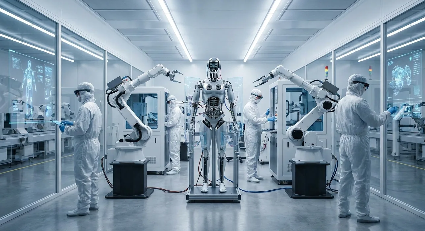 A modern humanoid robot being assembled in a high-tech facility.