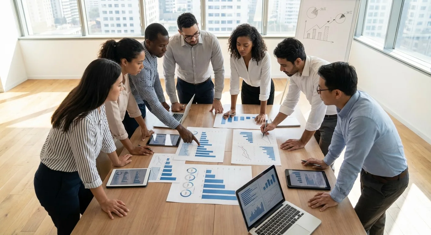 A team of professionals collaborating around a table with charts and data.
