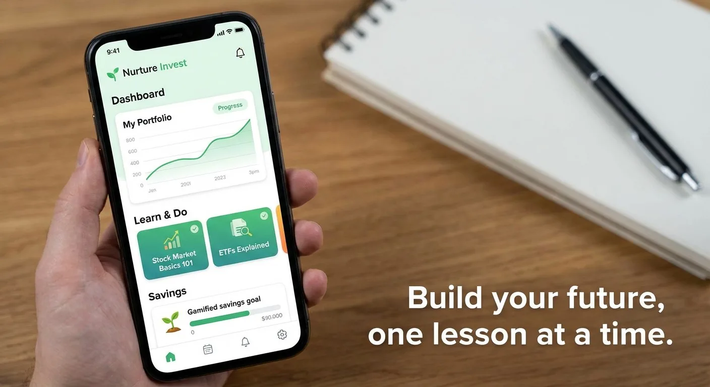 A smartphone screen showing an intuitive and educational investment platform interface.