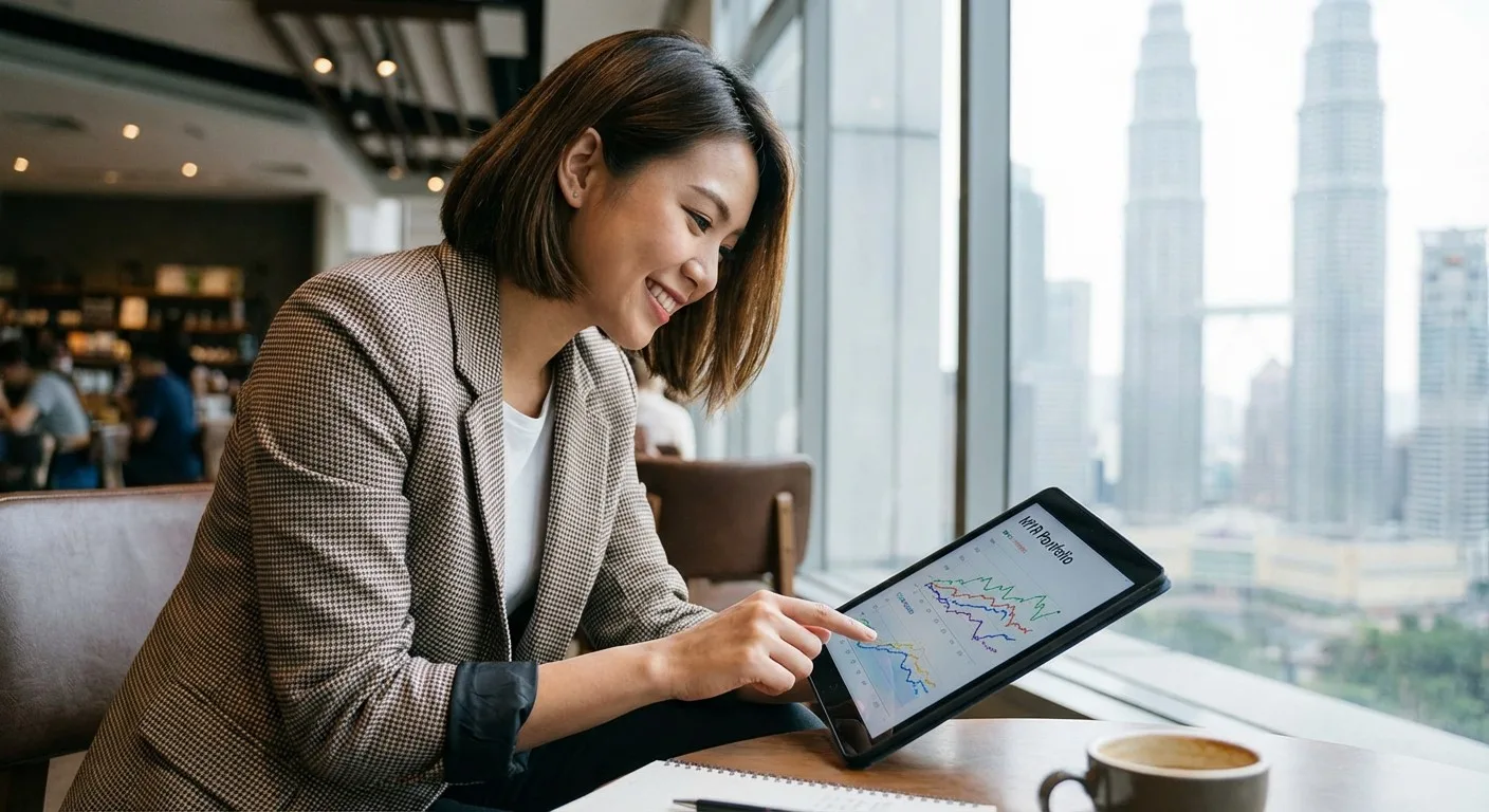 A young Malaysian professional reviews investment portfolio on a tablet.