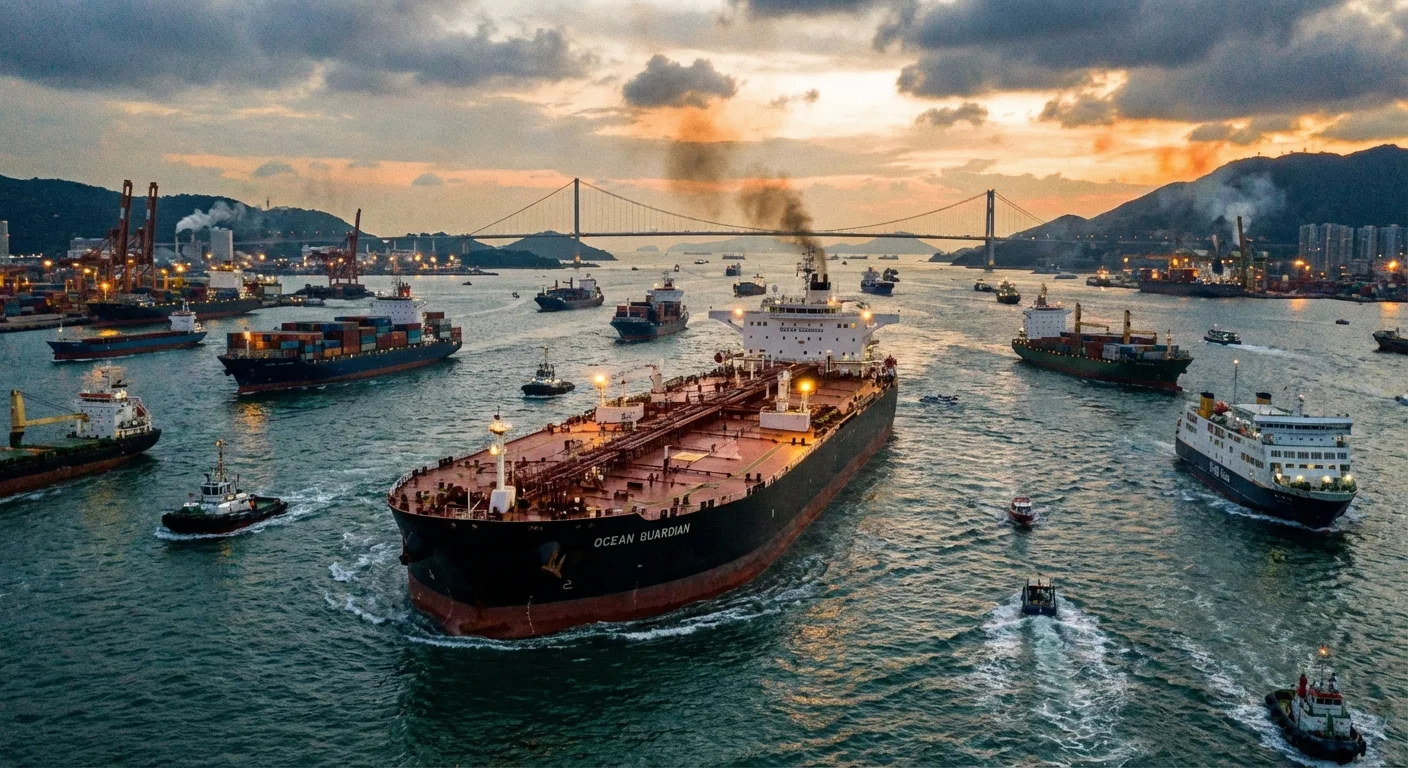 An oil tanker navigating a busy shipping lane.