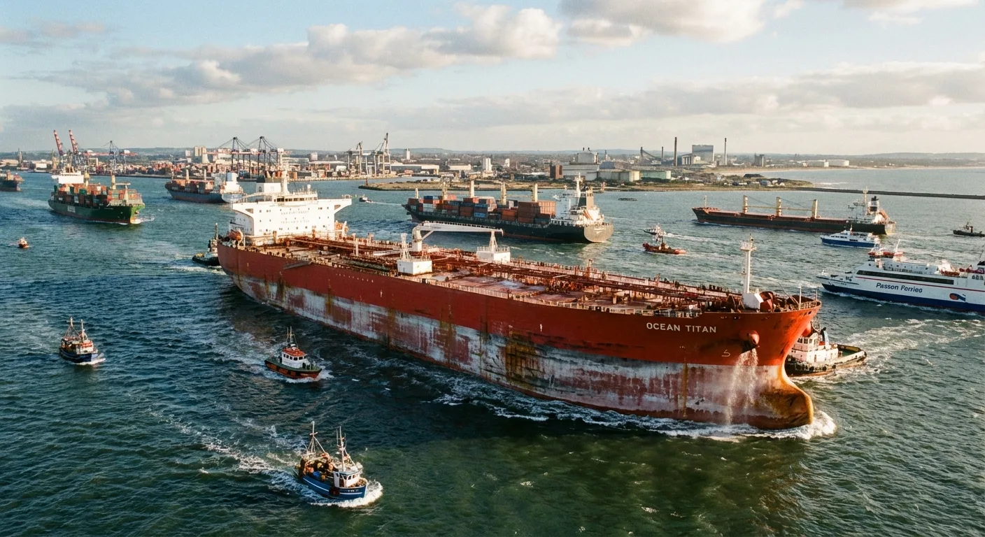 An oil tanker navigating a busy shipping lane.