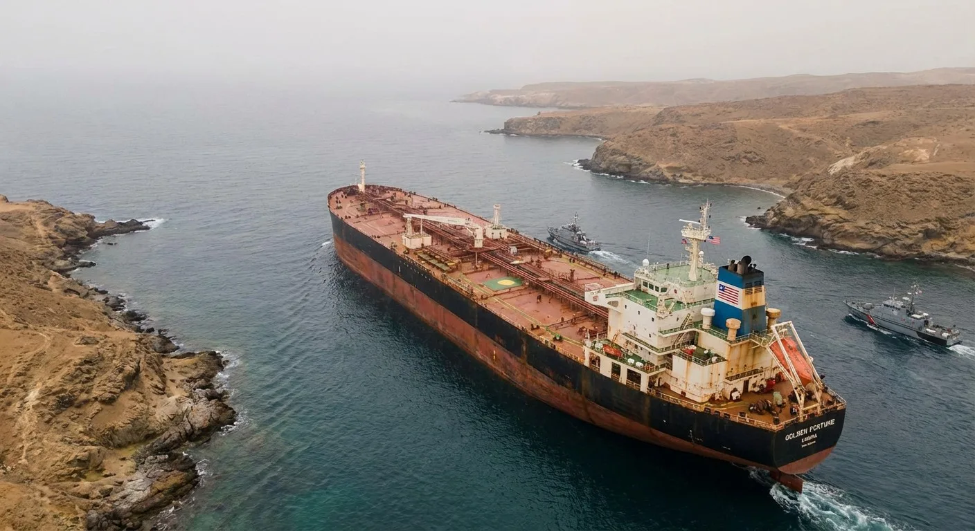 An oil tanker navigating a strategic maritime channel.