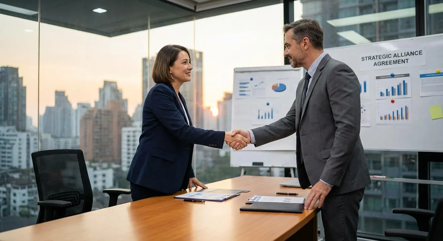Business partners shaking hands, representing strategic partnerships.
