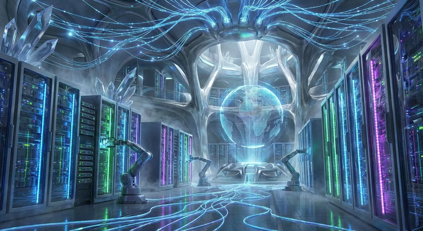 Futuristic data centre with glowing servers.