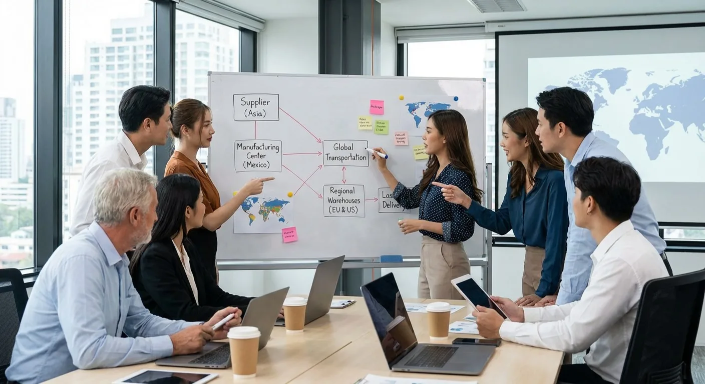 Business team collaborating around a whiteboard, mapping out supply chain logistics.
