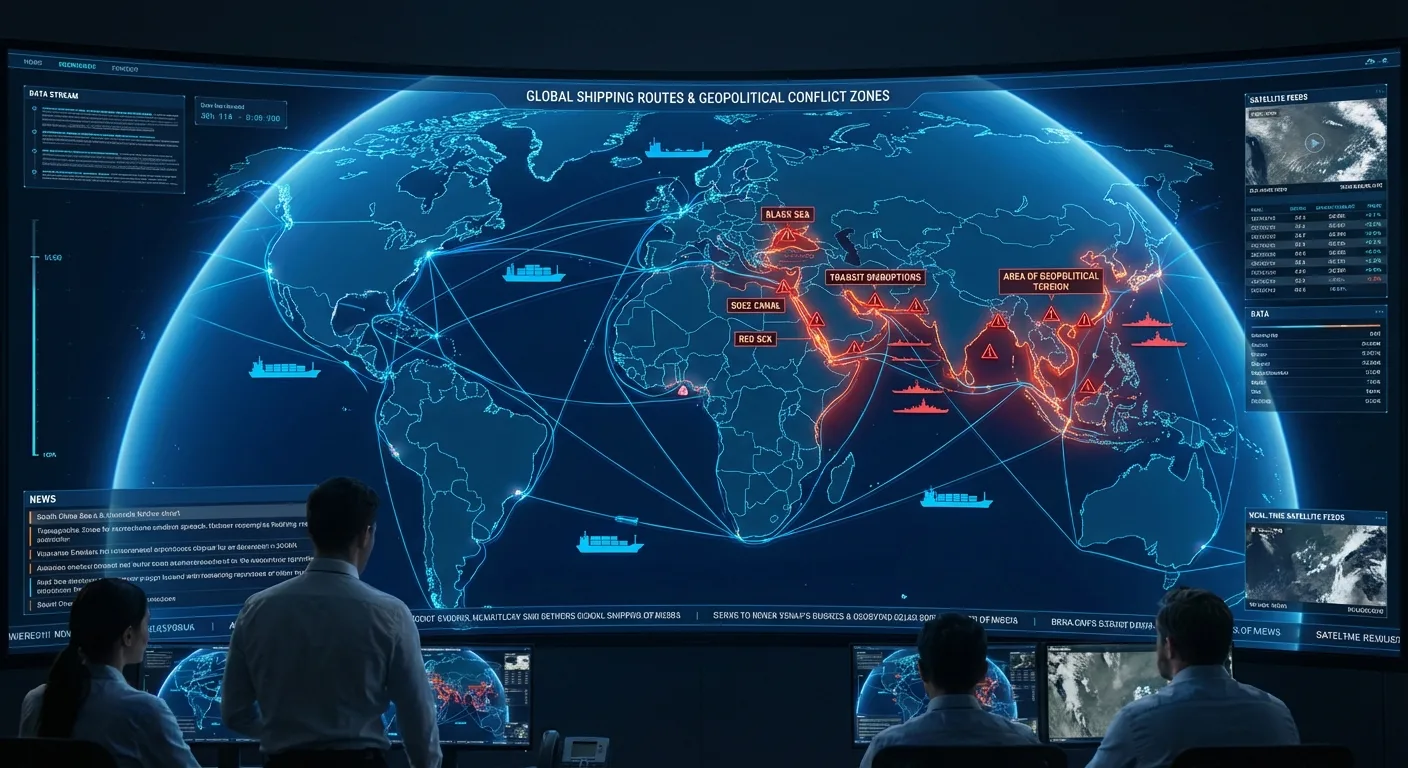 Global shipping routes on a digital map, highlighting areas of tension.