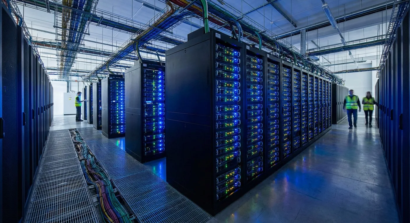 Rows of flashing servers inside a modern data centre.