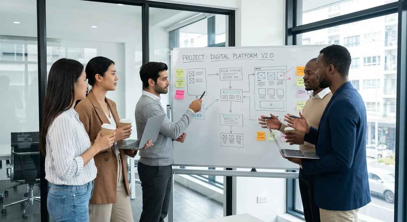 A team of professionals planning a digital project on a whiteboard.